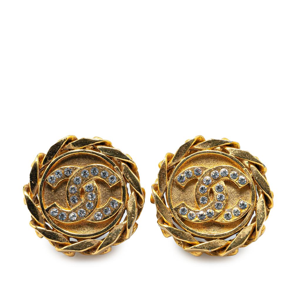 Chanel B Chanel Gold Gold Plated Metal Rhinestone CC Clip On Earrings France