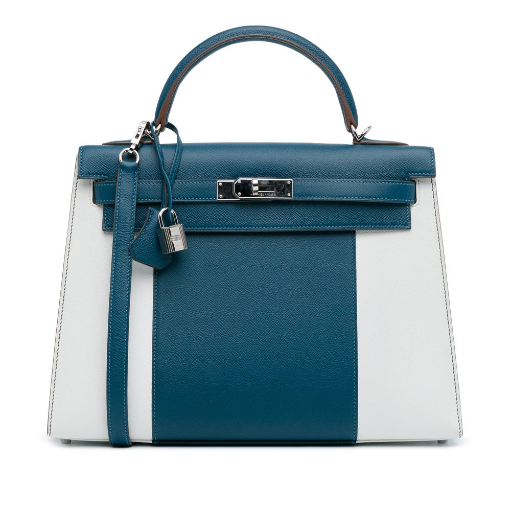 Hermès AB Hermès Blue with White Calf Leather Bicolor Epsom Kelly Flag Sellier 32 France