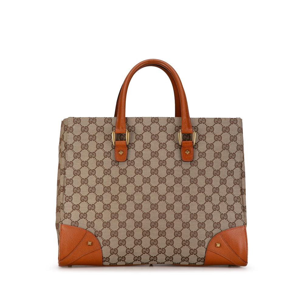 Gucci B Gucci Brown Beige Canvas Fabric GG Nailhead Tote Italy