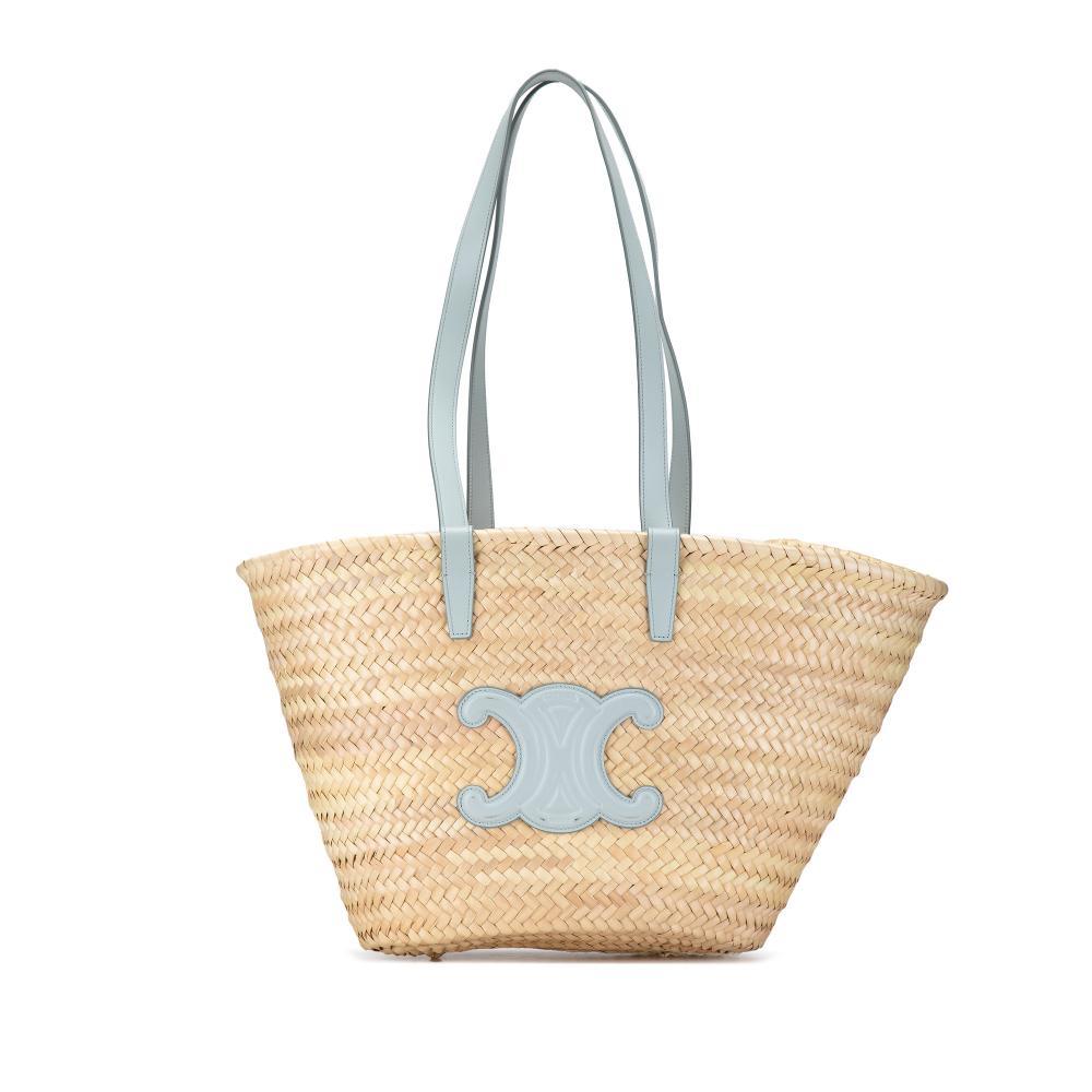 Celine AB Celine Brown Beige with Blue Light Blue Raffia Natural Material Triomphe Panier Tote Morocco