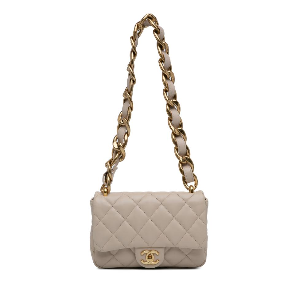 Chanel AB Chanel Brown Light Beige Lambskin Leather Leather Small Quilted Lambskin Funky Town Flap Italy