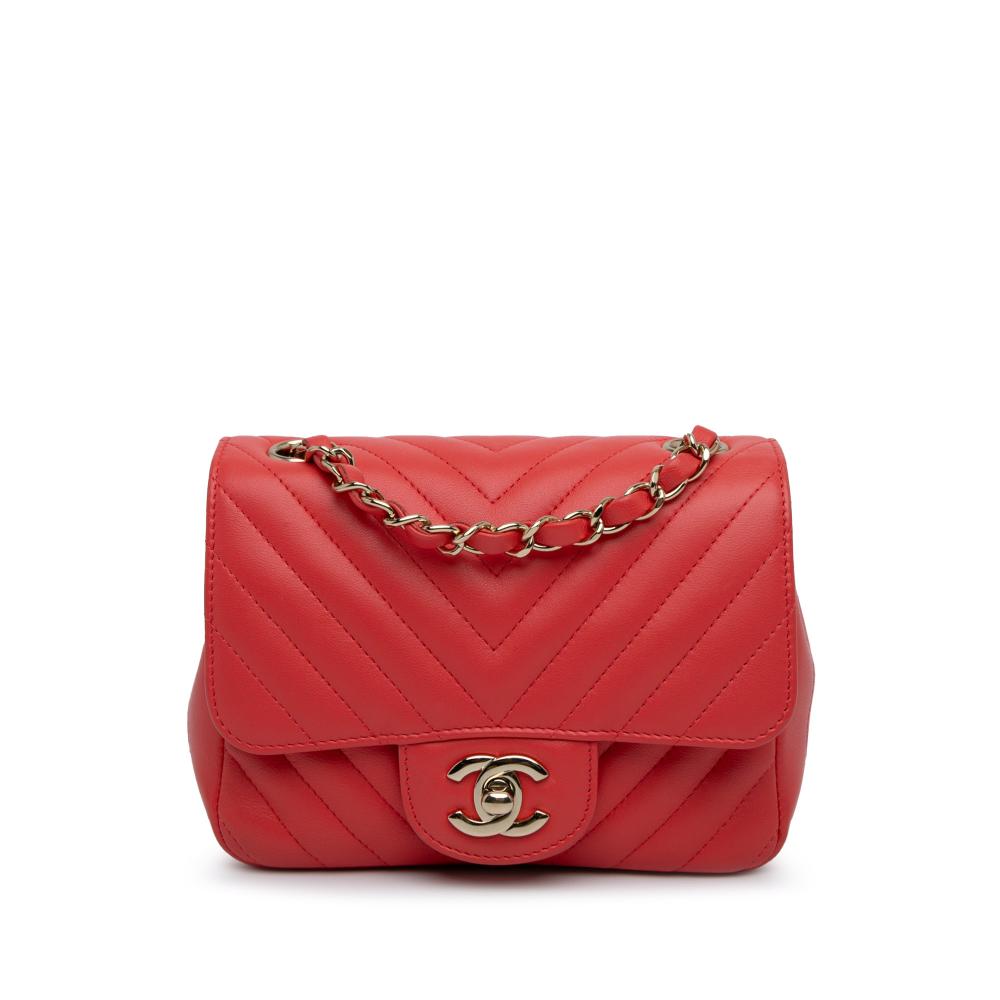 Chanel AB Chanel Red Lambskin Leather Leather Mini Square Classic Chevron Lambskin Flap Italy