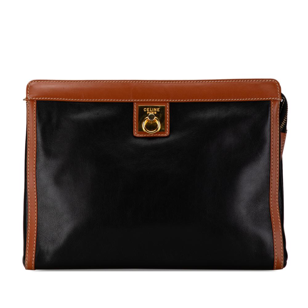 Celine B Celine Black with Brown Calf Leather Clutch Italy