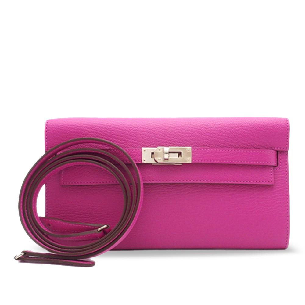 Hermès AB Hermès Pink Hot Pink Goatskin Leather Chevre Mysore Kelly To Go Wallet France