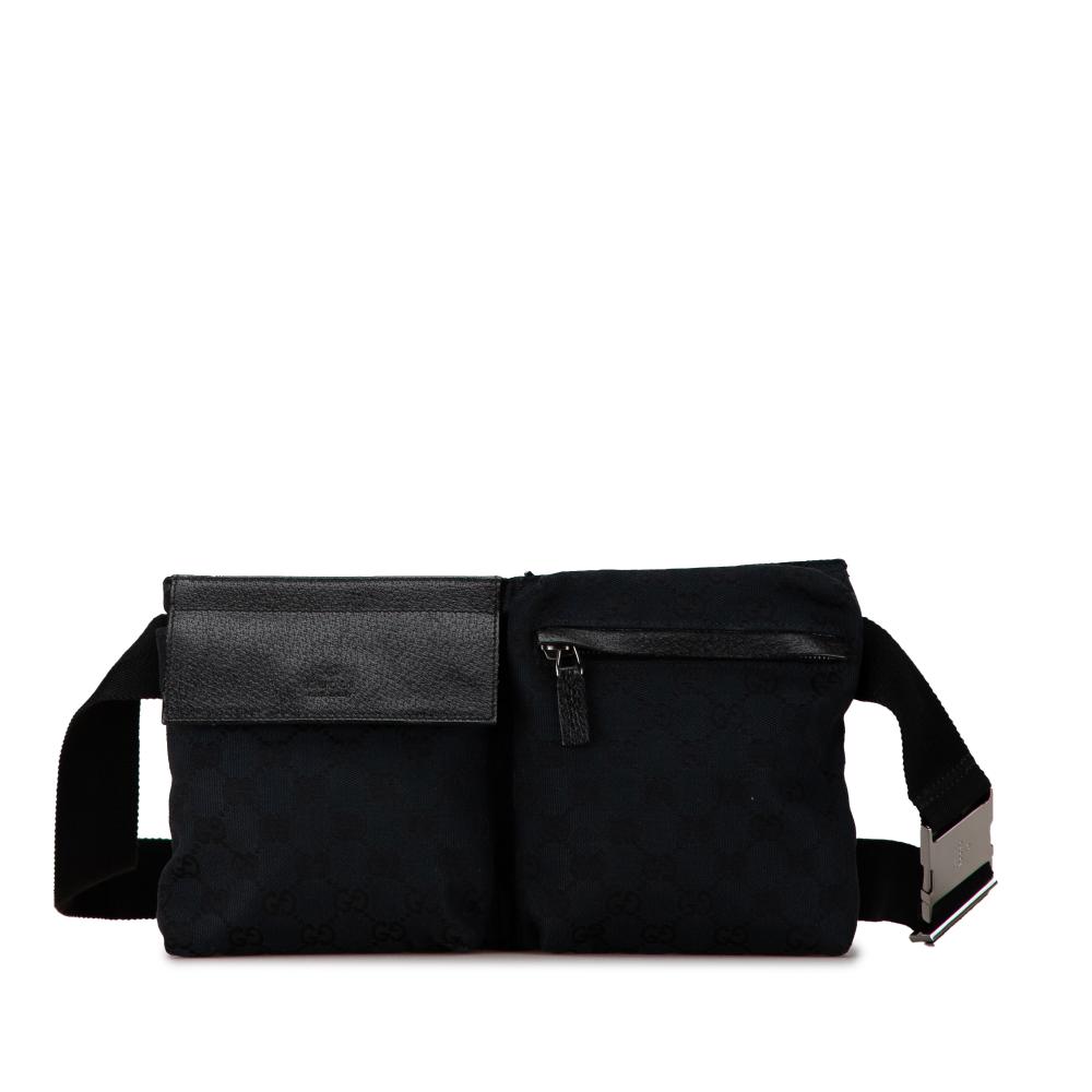 Gucci B Gucci Black Canvas Fabric GG Double Pocket Belt Bag Italy