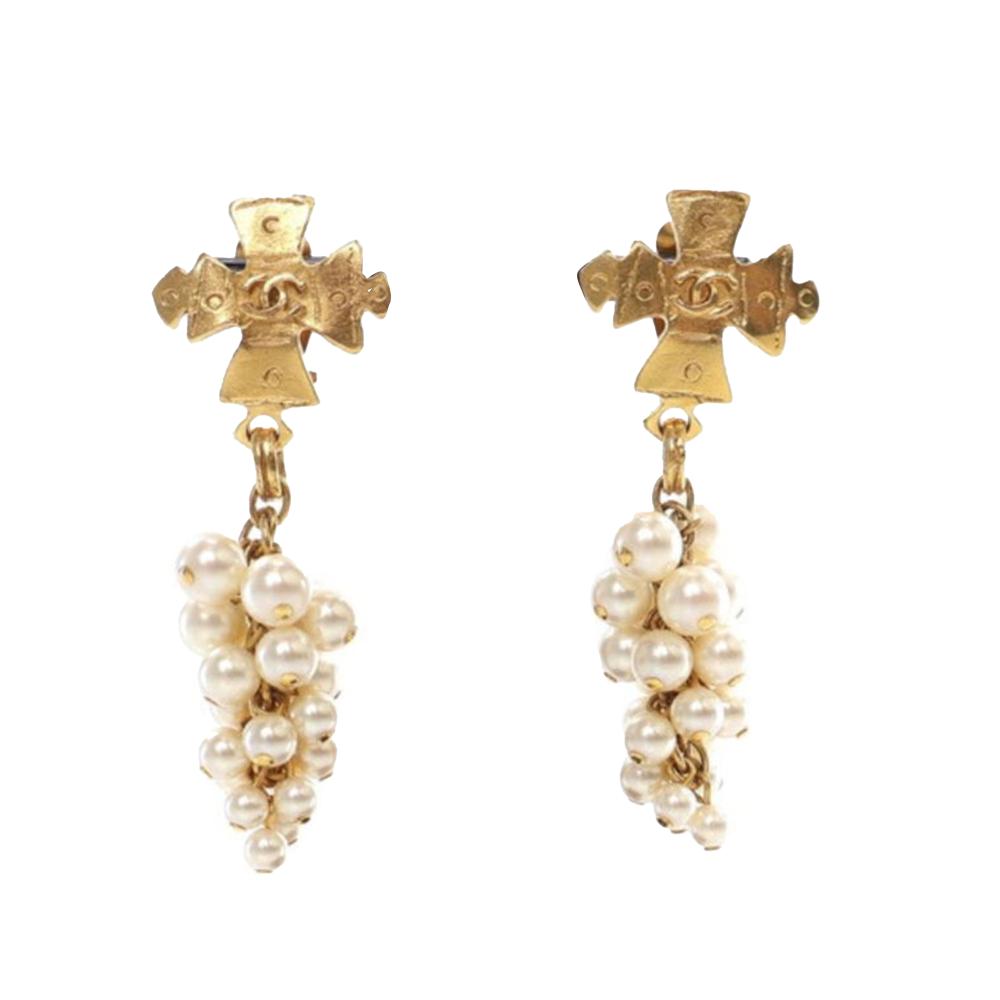 Chanel AB Chanel Gold Gold Plated Metal Cross Pearl Drop Clip On Earrings France