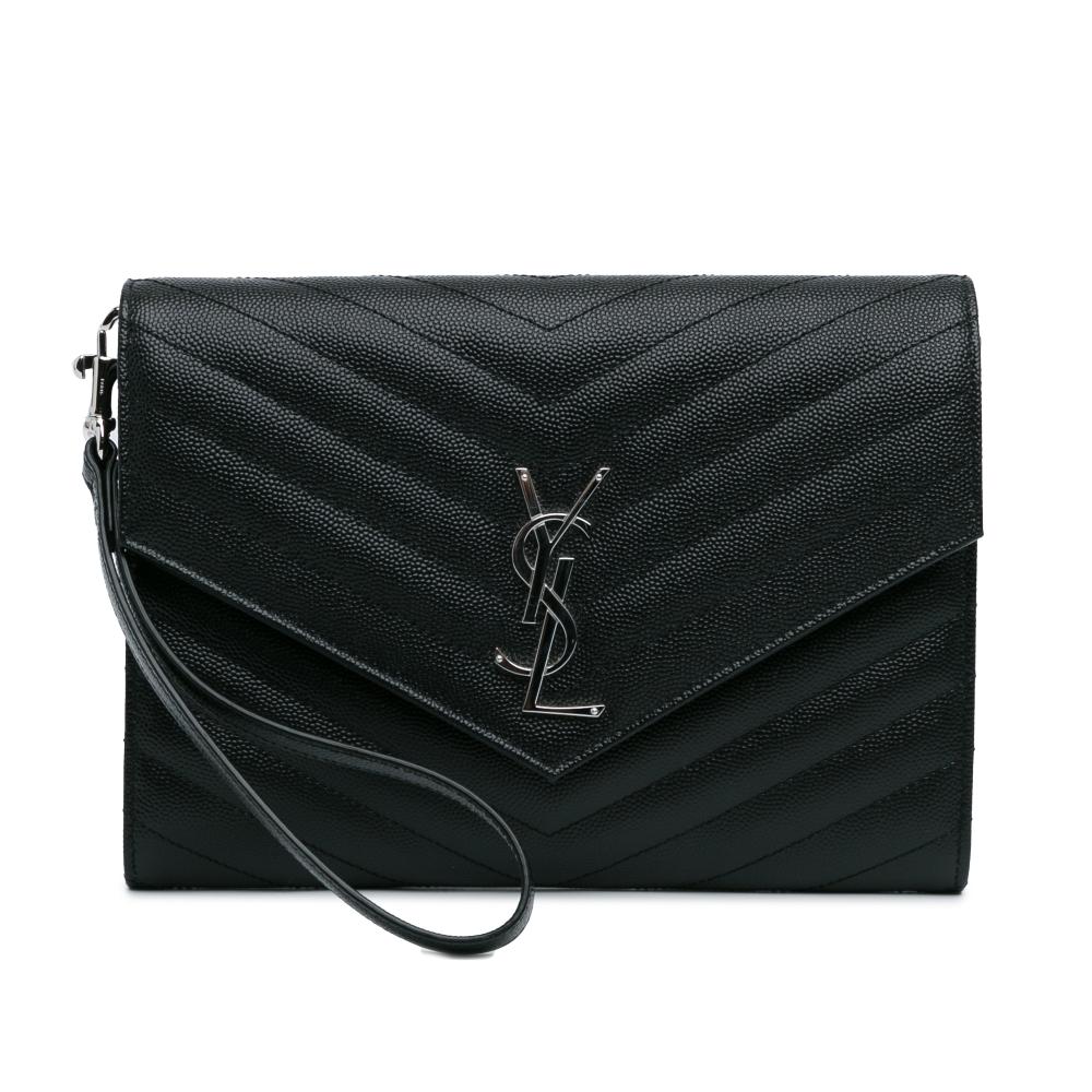 Saint Laurent AB Saint Laurent Black Calf Leather Grain De Poudre Matelasse Cassandre Flap Pouch Italy