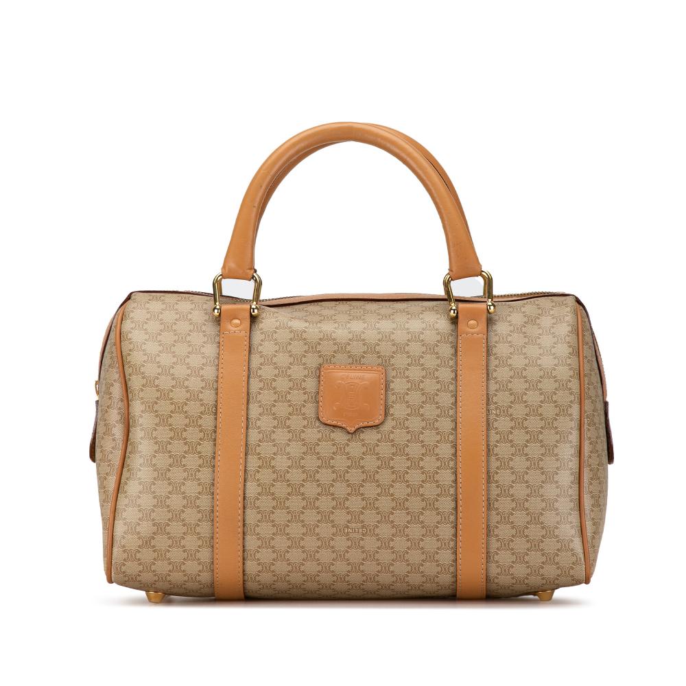 Celine B Celine Brown Beige Coated Canvas Fabric Macadam Boston Bag Italy