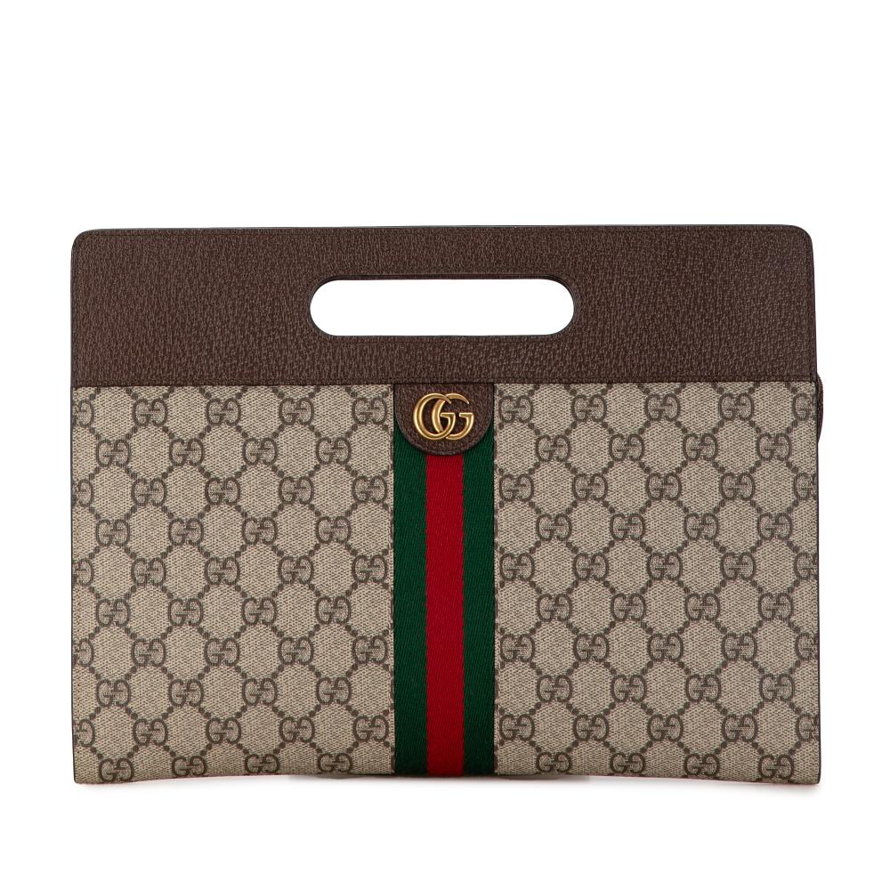 Gucci B Gucci Brown Beige Coated Canvas Fabric GG Supreme Web Ophidia Slip Handle Bag Italy