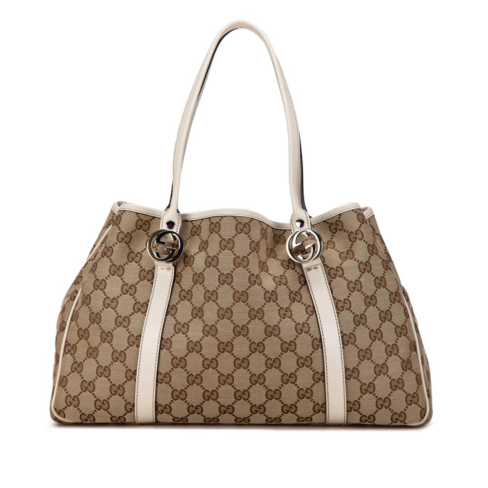 Gucci B Gucci Brown Light Brown Canvas Fabric GG Twins Tote Italy