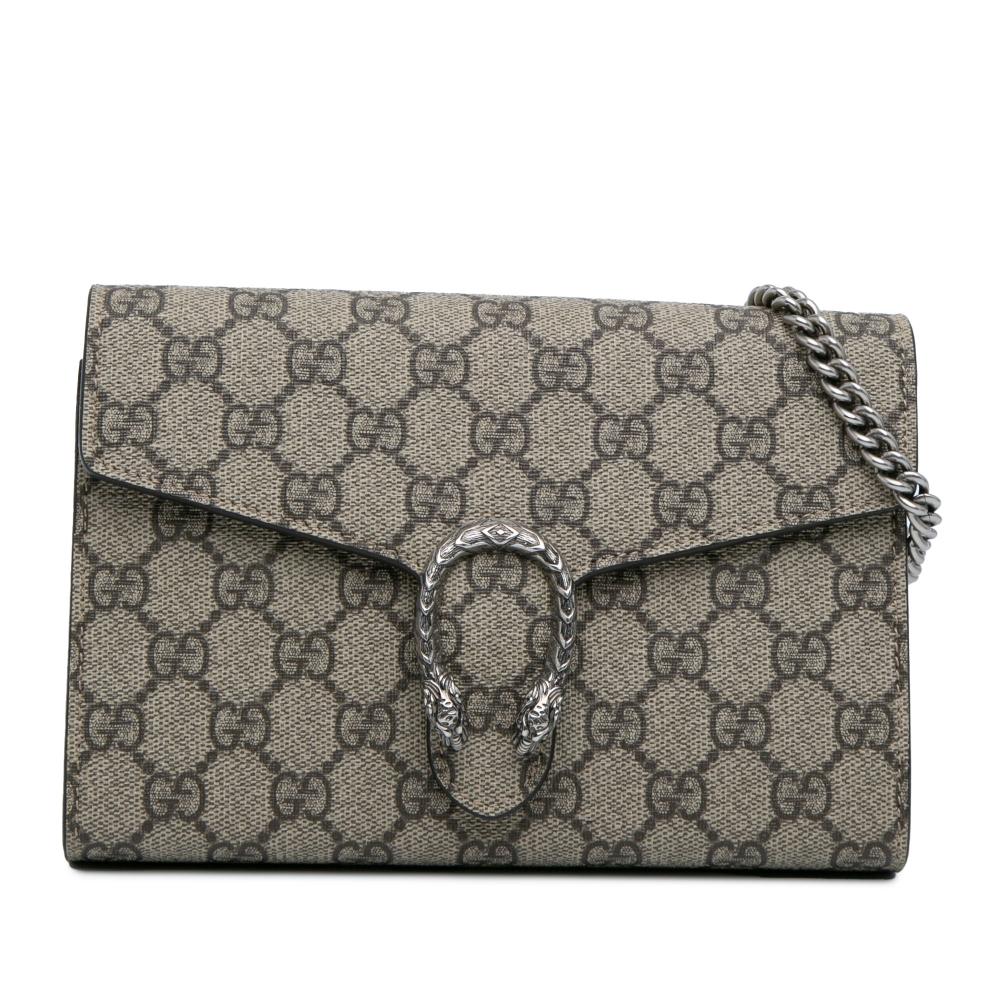 Gucci AB Gucci Brown Beige Coated Canvas Fabric GG Supreme Dionysus Chain Wallet Italy