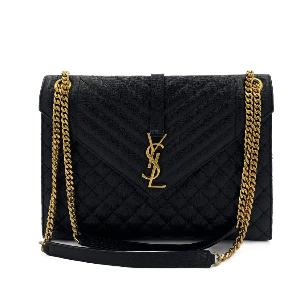 Saint Laurent Envelope Large Embossed Grained Leather 2-Ways Envelope Bag Black