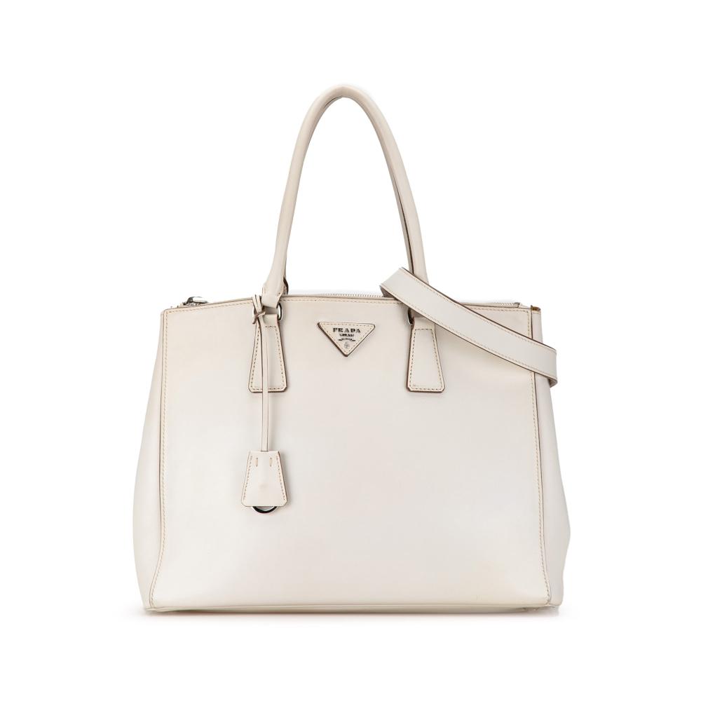 Prada B Prada White Calf Leather Large City skin Galleria Double Zip Satchel Italy