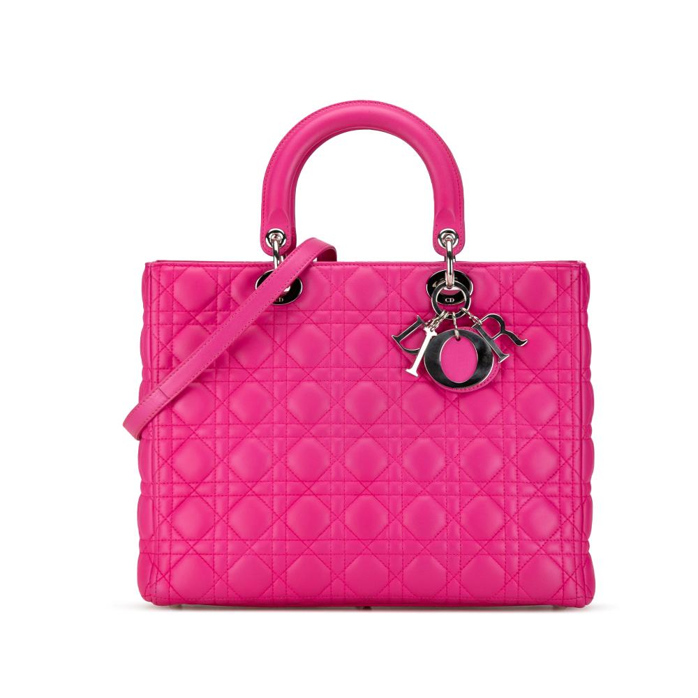 Christian Dior B Dior Pink Hot Pink Lambskin Leather Leather Large Lambskin Cannage Lady Dior Italy