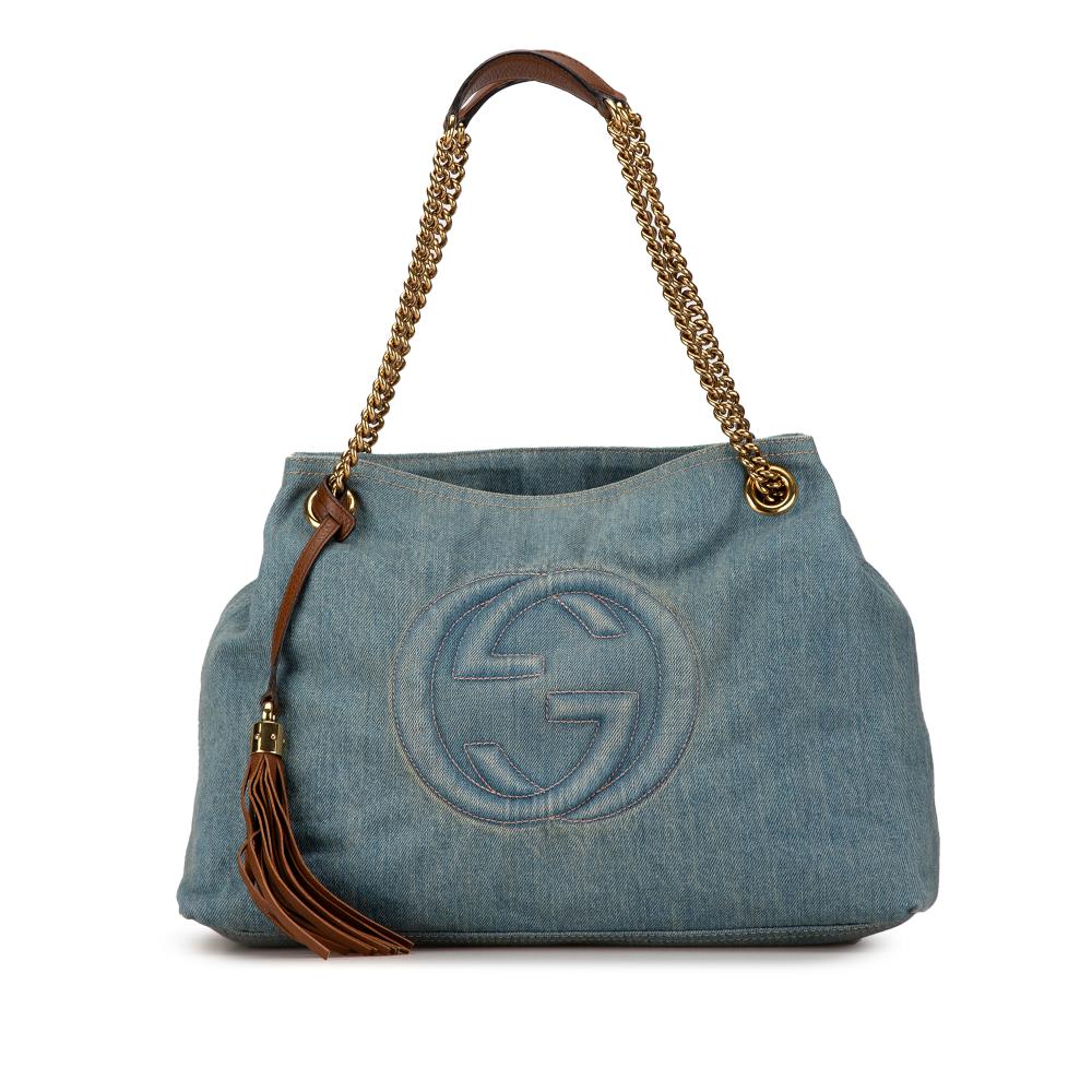 Gucci B Gucci Blue with Brown Denim Fabric Medium Soho Chain Tote Italy