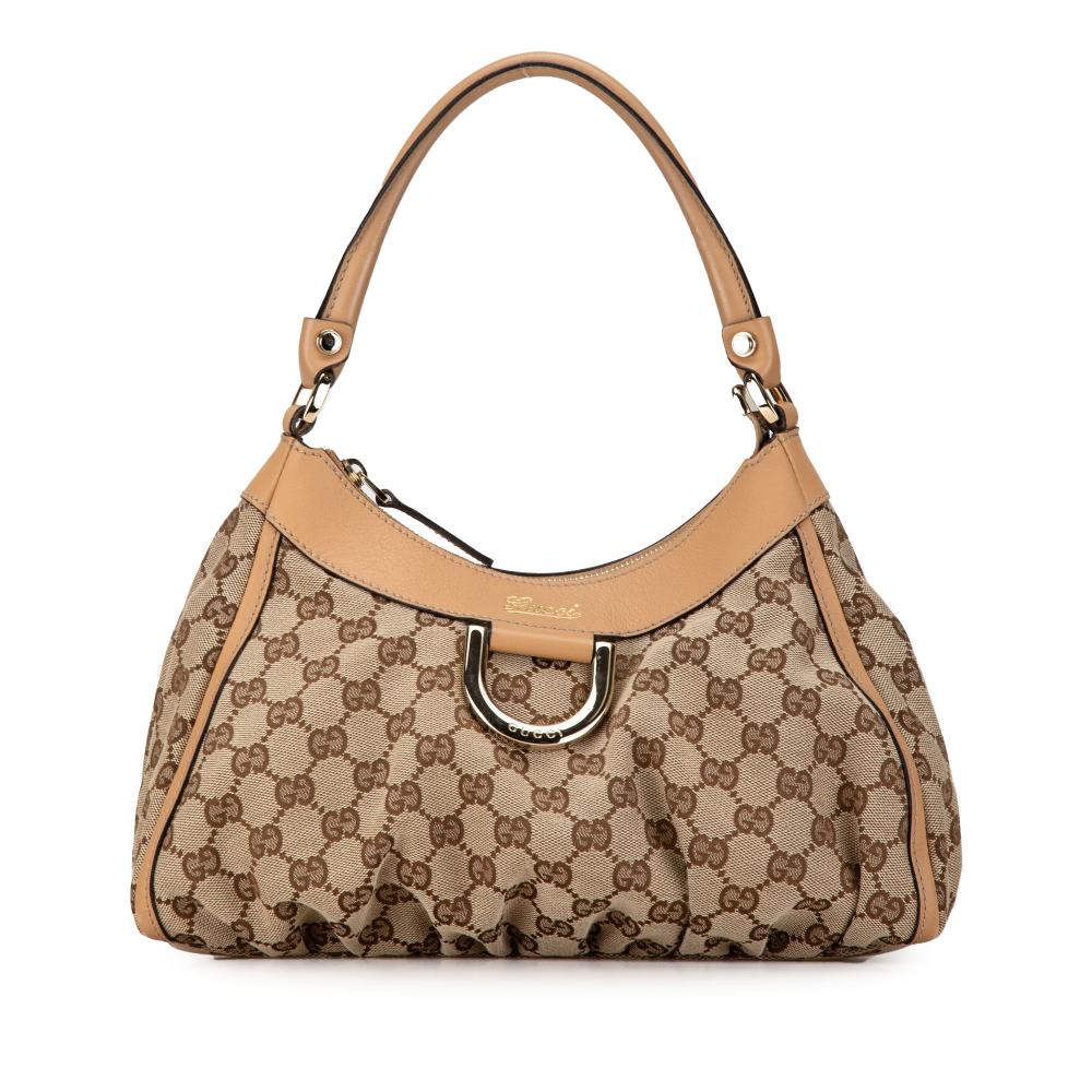 Gucci B Gucci Brown Beige Canvas Fabric GG Abbey D-Ring Shoulder Bag Italy