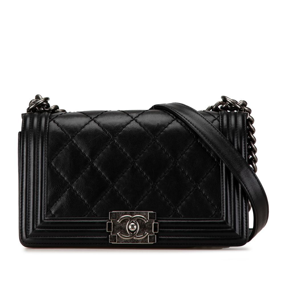 Chanel B Chanel Black Calf Leather Medium skin Double Stitch Boy Flap Italy