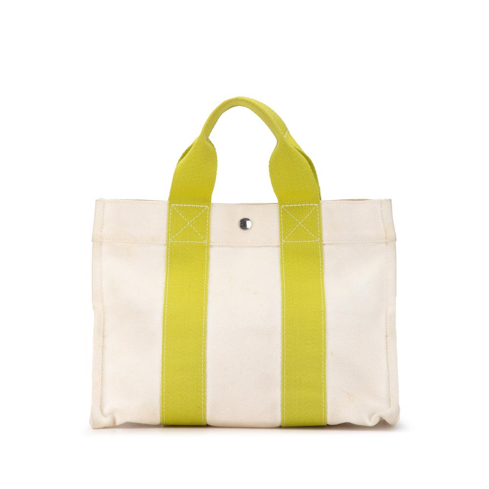 Hermès B Hermès White with Green Lime Canvas Fabric Toile Bora Bora PM Tote France