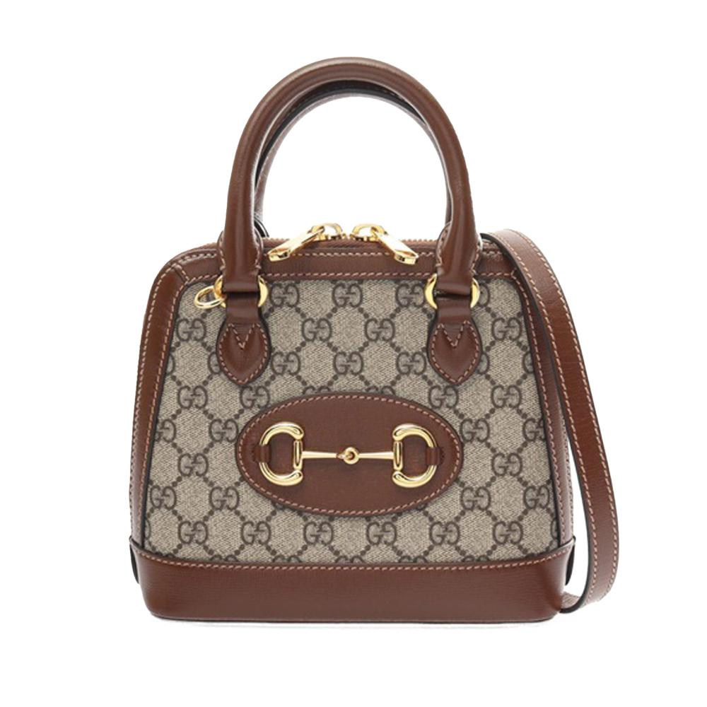 Gucci AB Gucci Brown Beige Coated Canvas Fabric Mini GG Supreme Horsebit 1955 Top Handle Bag Italy