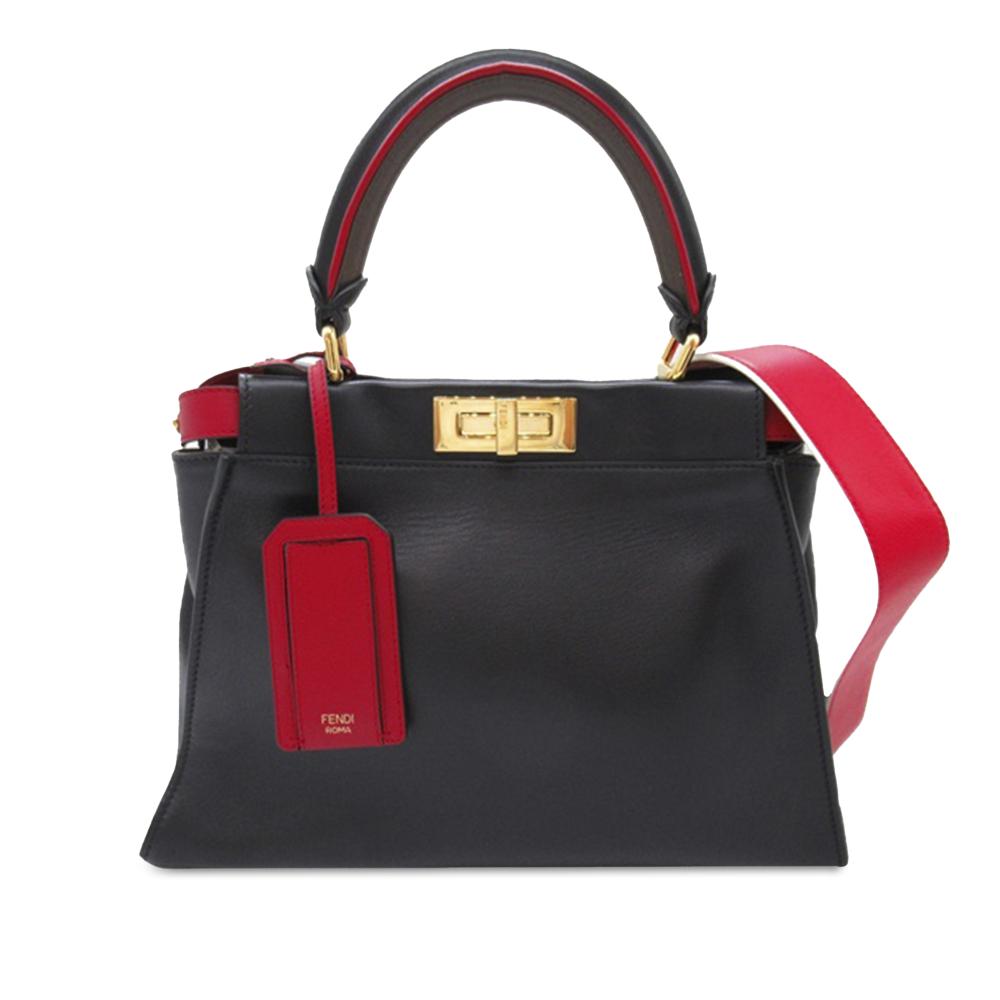 Fendi B Fendi Black with Red Calf Leather Medium Bicolor Iconic Peekaboo Defender Satchel Italy