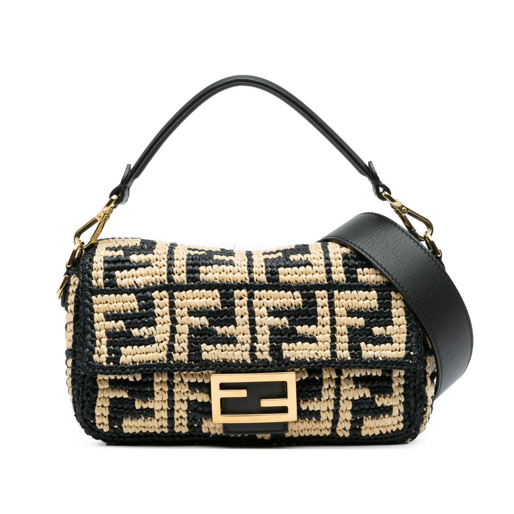 Fendi AB Fendi Black with Brown Beige Raffia Natural Material Zucca Baguette Satchel Italy