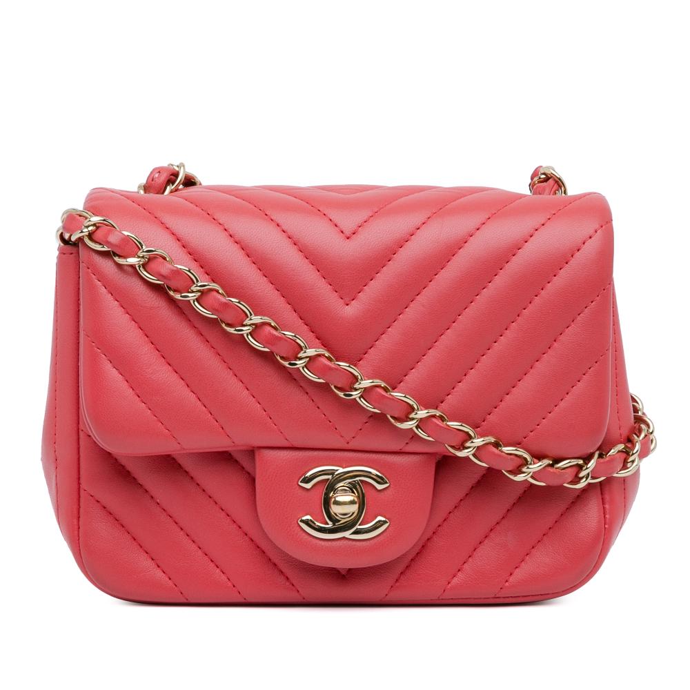 Chanel B Chanel Red Lambskin Leather Leather Mini Square Classic Chevron Lambskin Flap Italy