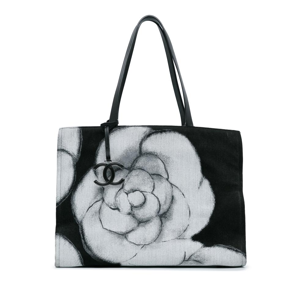 Chanel B Chanel Black Canvas Fabric Large Camellia Printed Shopper Tote Italy