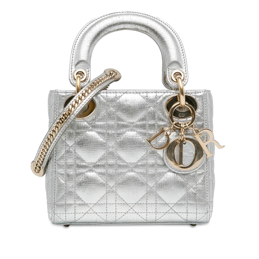 Christian Dior B Dior Silver Lambskin Leather Leather Mini Lambskin Cannage Lady Dior Italy