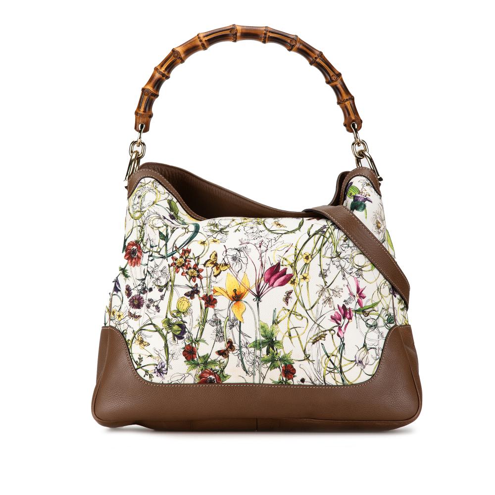 Gucci B Gucci White with Multi Canvas Fabric Bamboo Flora Diana Satchel Italy