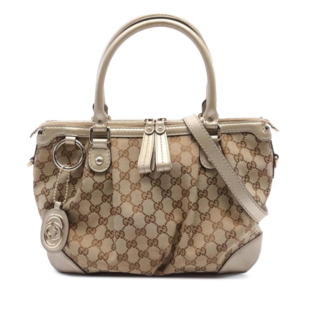 Gucci AB Gucci Brown Beige Canvas Fabric GG Sukey Satchel Italy