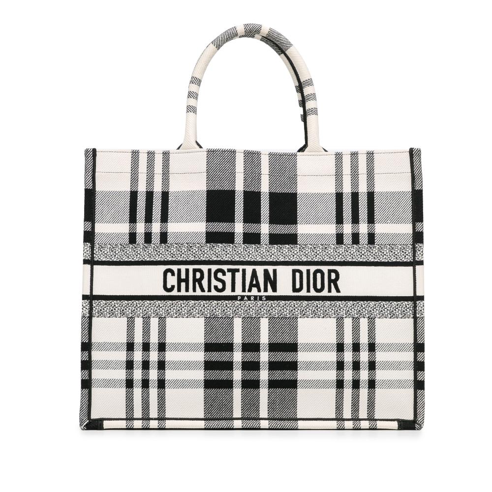 Christian Dior AB Dior White Ivory with Black Canvas Fabric Large Check'n'Dior Book Tote Italy