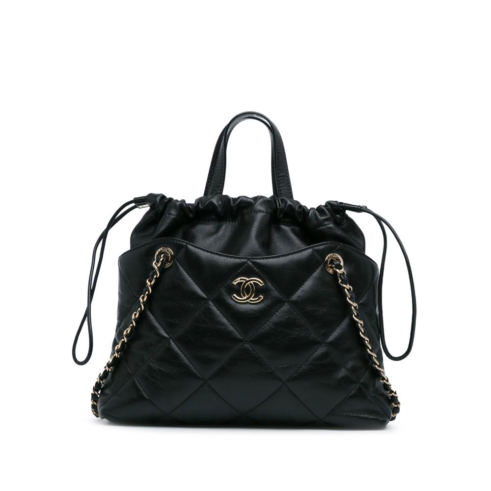 Chanel AB Chanel Black Lambskin Leather Leather Small CC Quilted Lambskin Drawstring Shopping Tote Italy