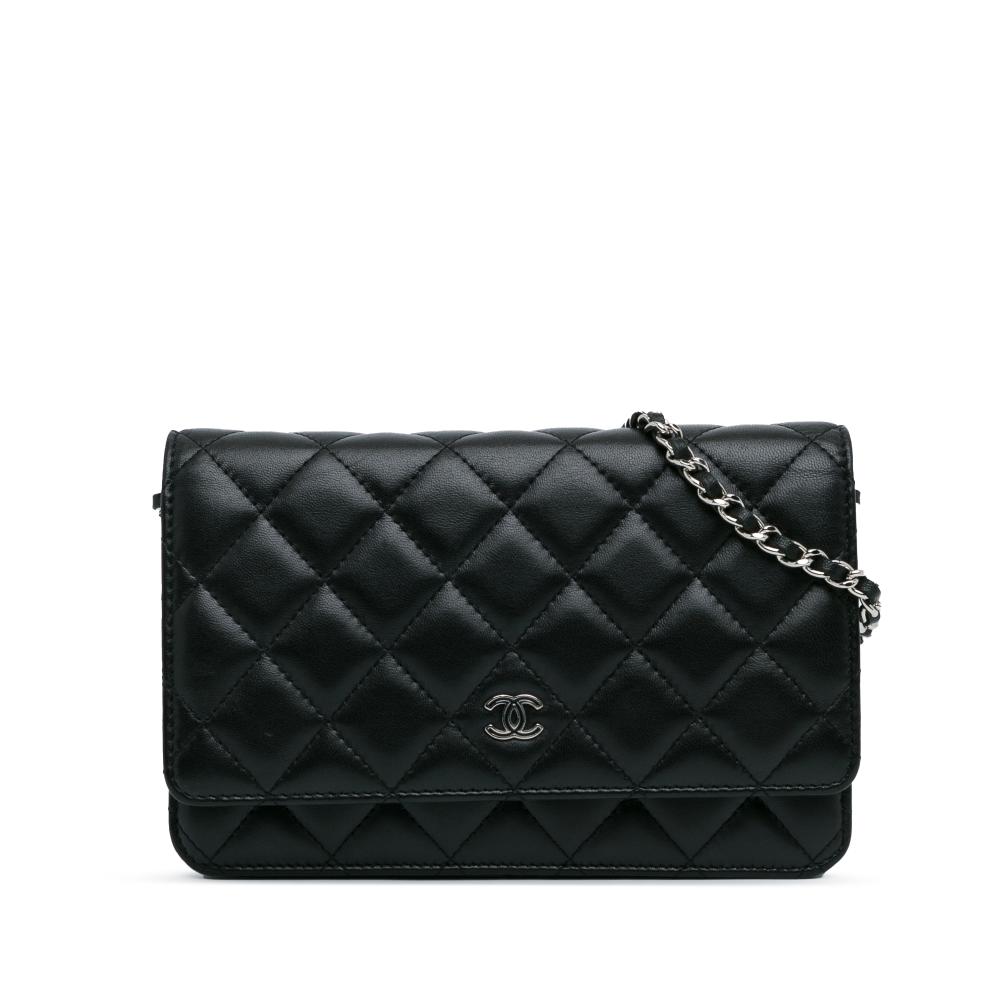 Chanel AB Chanel Black Lambskin Leather Leather CC Quilted Lambskin Wallet On Chain Italy