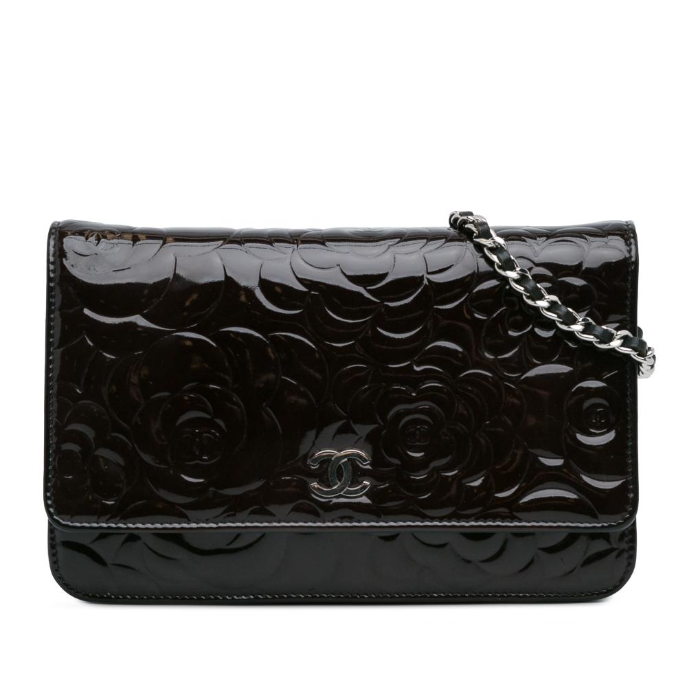 Chanel AB Chanel Black Patent Leather Leather Patent Camellia Wallet On Chain Italy