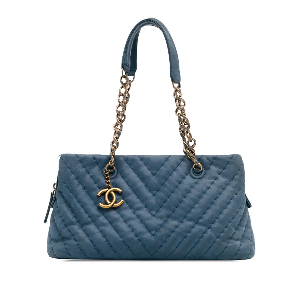 Chanel B Chanel Blue Calf Leather Small Chevron Surpique Iridescent skin Tote Italy