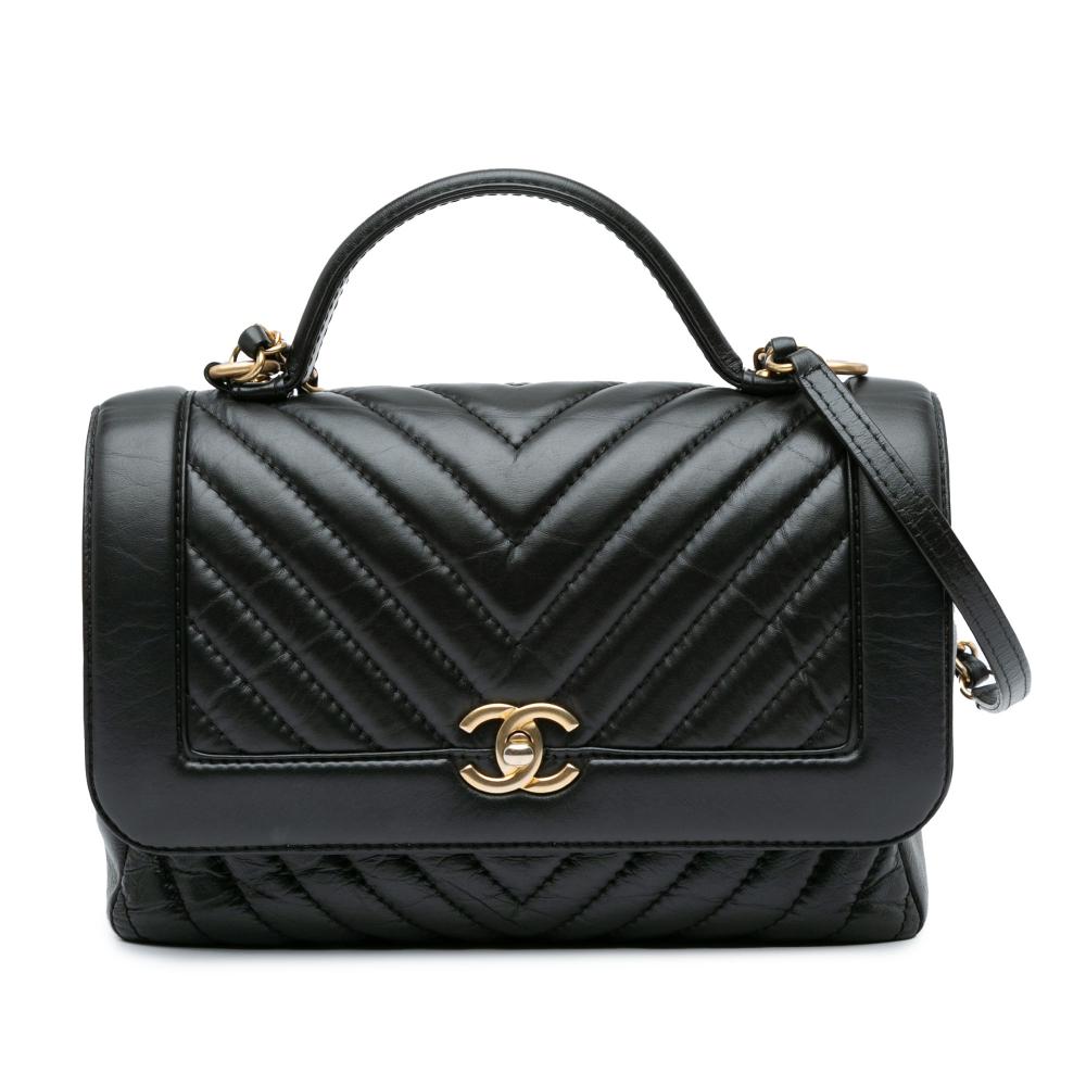 Chanel AB Chanel Black Calf Leather CC Chevron skin Top Handle Flap France