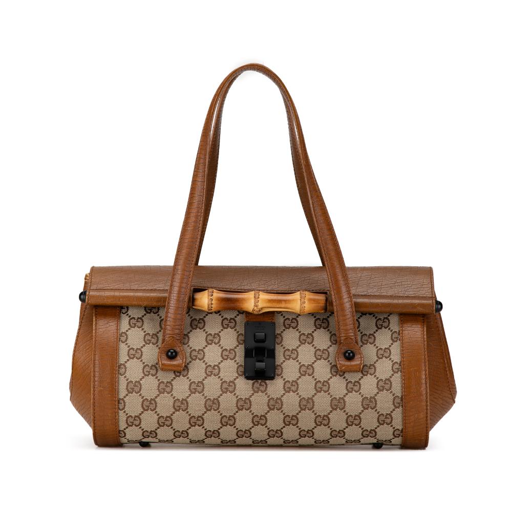 Gucci B Gucci Brown Beige Canvas Fabric GG Bamboo Bullet Shoulder Bag Italy