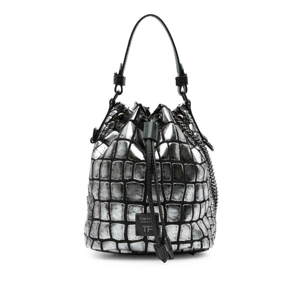 Tom Ford AB Tom Ford Silver with Black Goatskin Leather Metallic Croc Embossed Drawstring Bucket Bag Italy