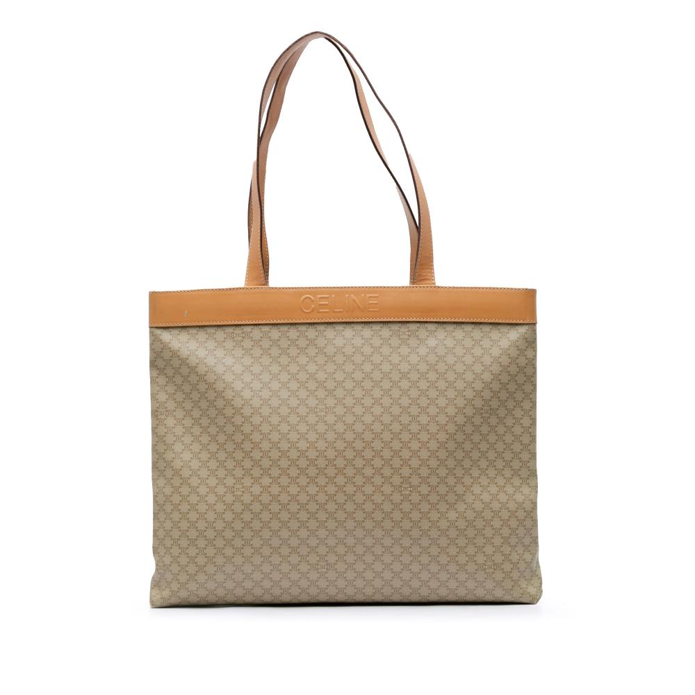 Celine B Celine Brown Beige Coated Canvas Fabric Macadam Tote Italy