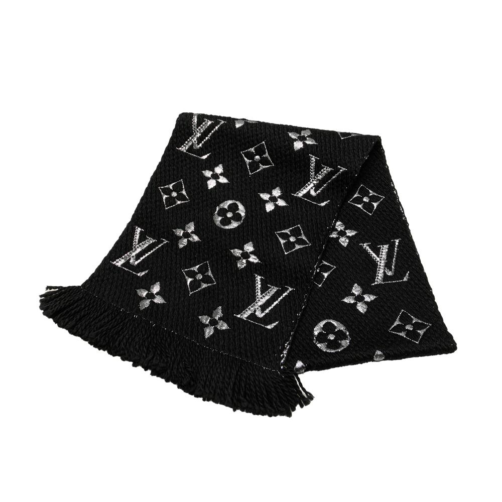 Louis Vuitton A Louis Vuitton Black Wool Fabric Silk Logomania Shine Scarf Italy