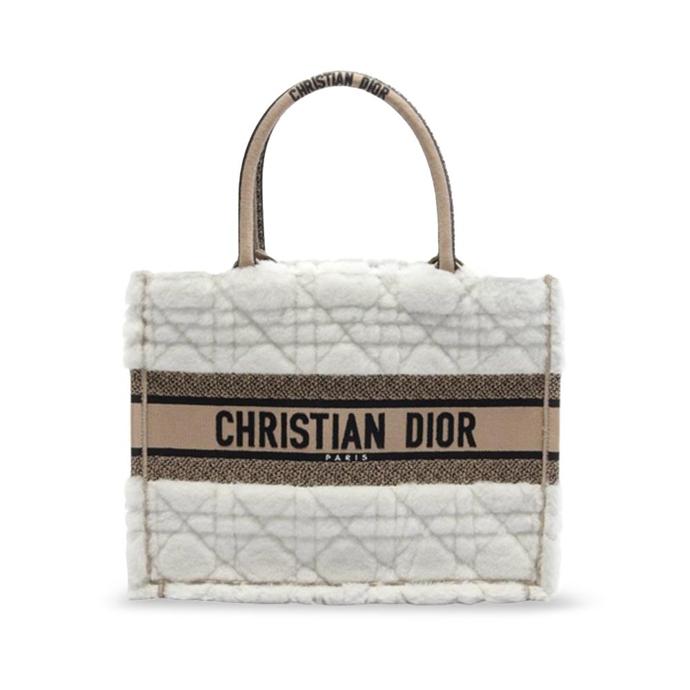 Christian Dior AB Dior White Beige with Brown Beige Fur Natural Material Medium Shearling Cannage Book Tote Italy