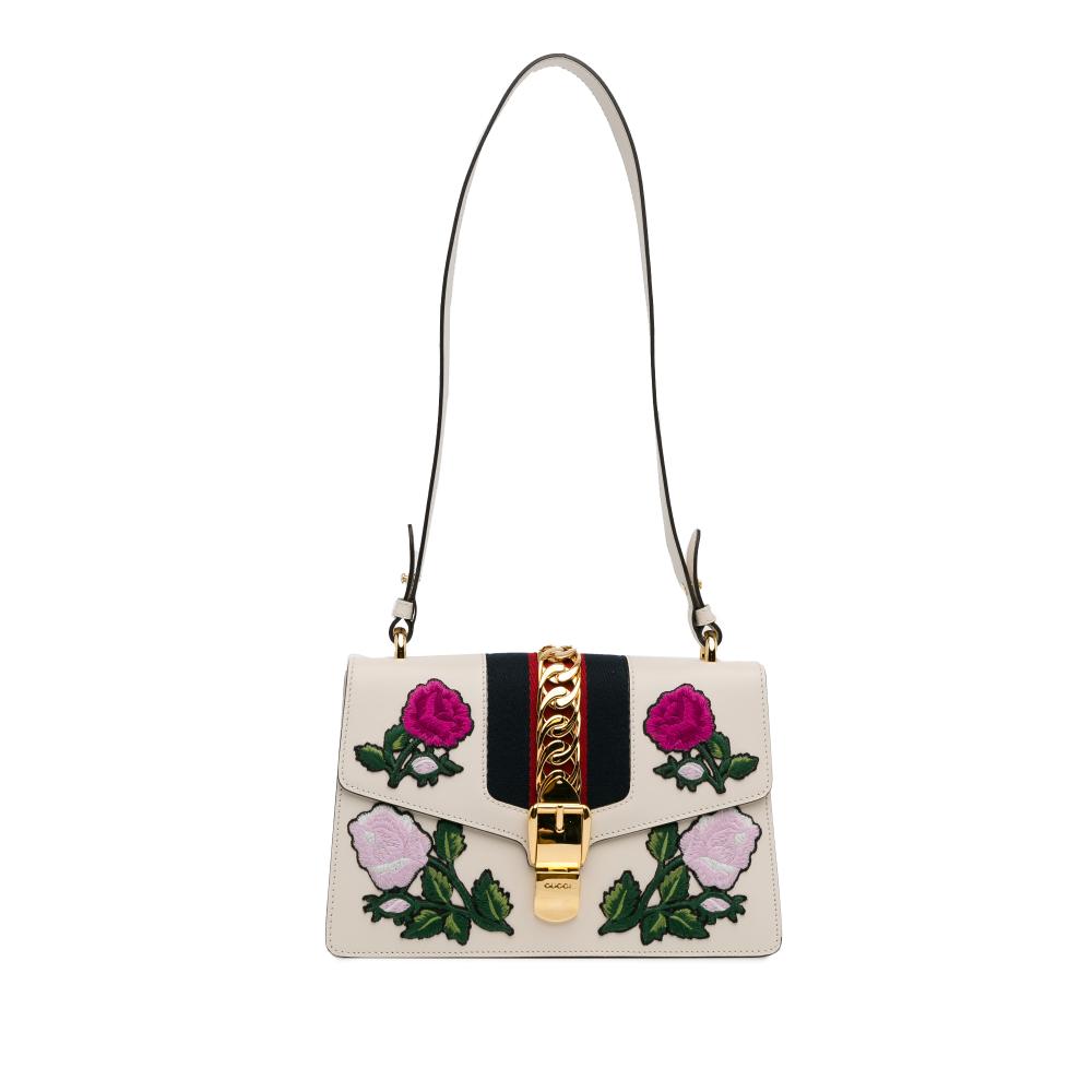 Gucci AB Gucci White Calf Leather Small Floral Embroidered Sylvie Crossbody Bag Italy