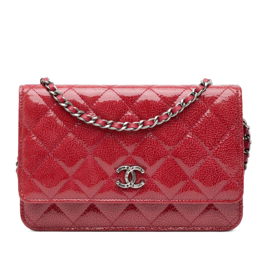 Chanel B Chanel Red Goatskin Leather Paris Dallas CC Patent Wallet on Chain Italy