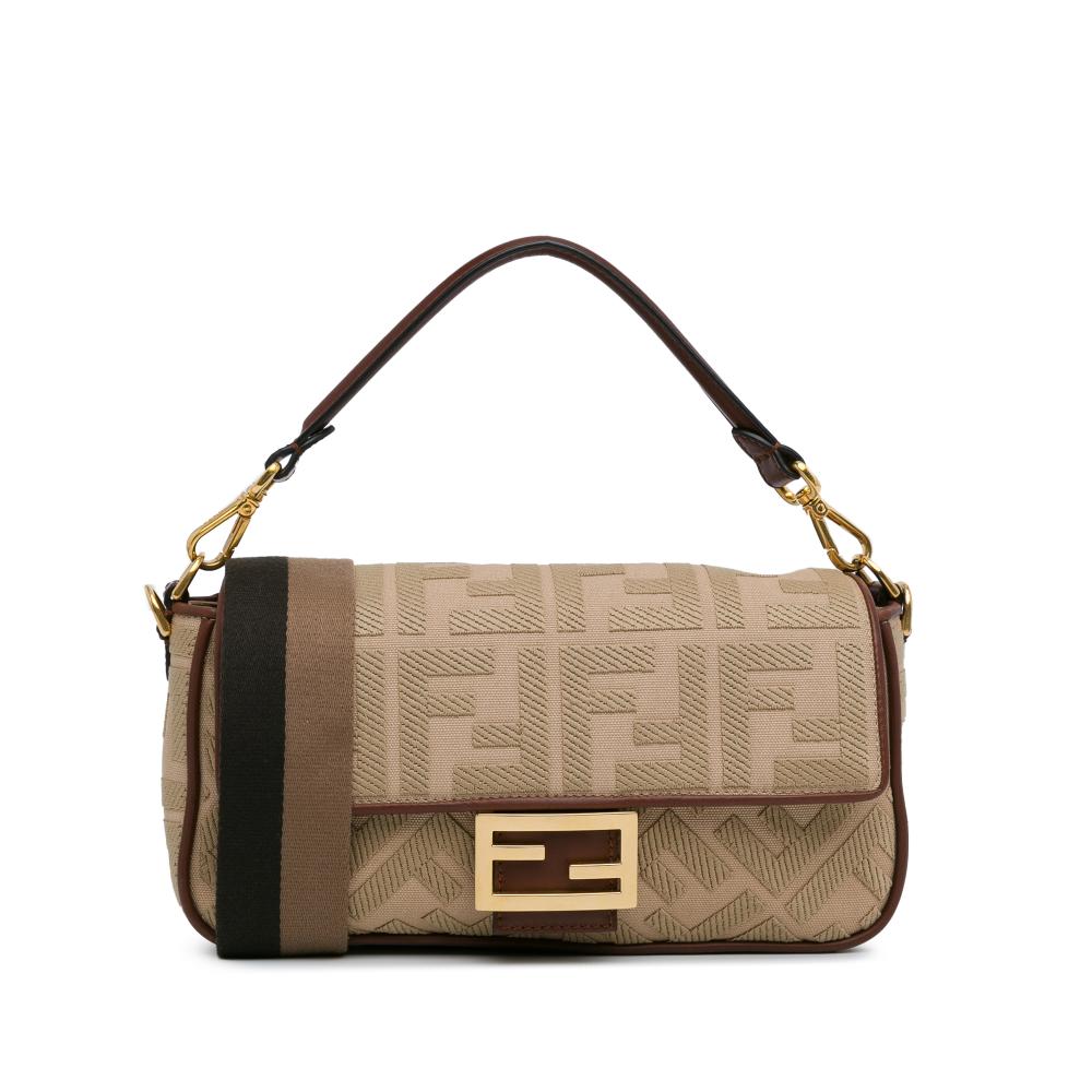 Fendi AB Fendi Brown Beige Canvas Fabric Zucca Embroidered Baguette Satchel Italy