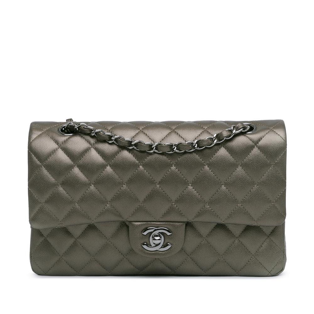 Chanel AB Chanel Gray Caviar Leather Leather Medium Classic Metallic Caviar Double Flap France