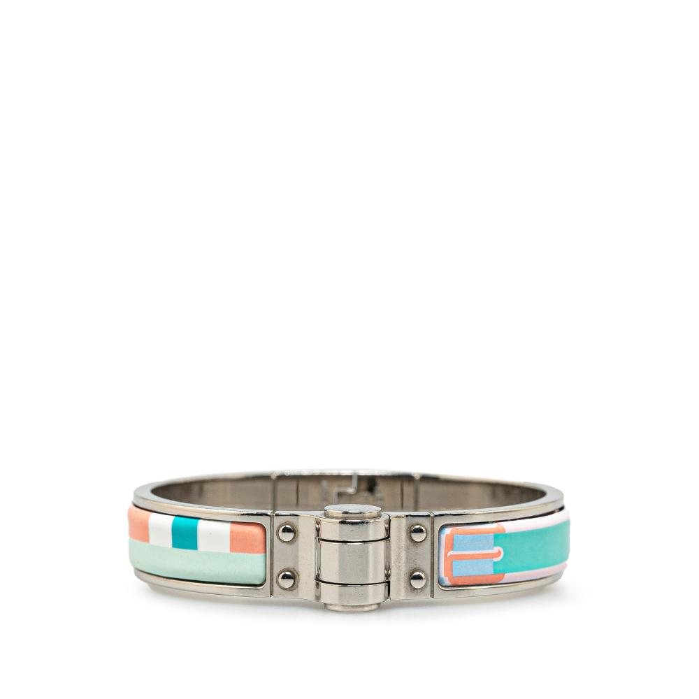 Hermès B Hermès Blue with Silver Enamel Other Wide Charniere Hinged Bangle France