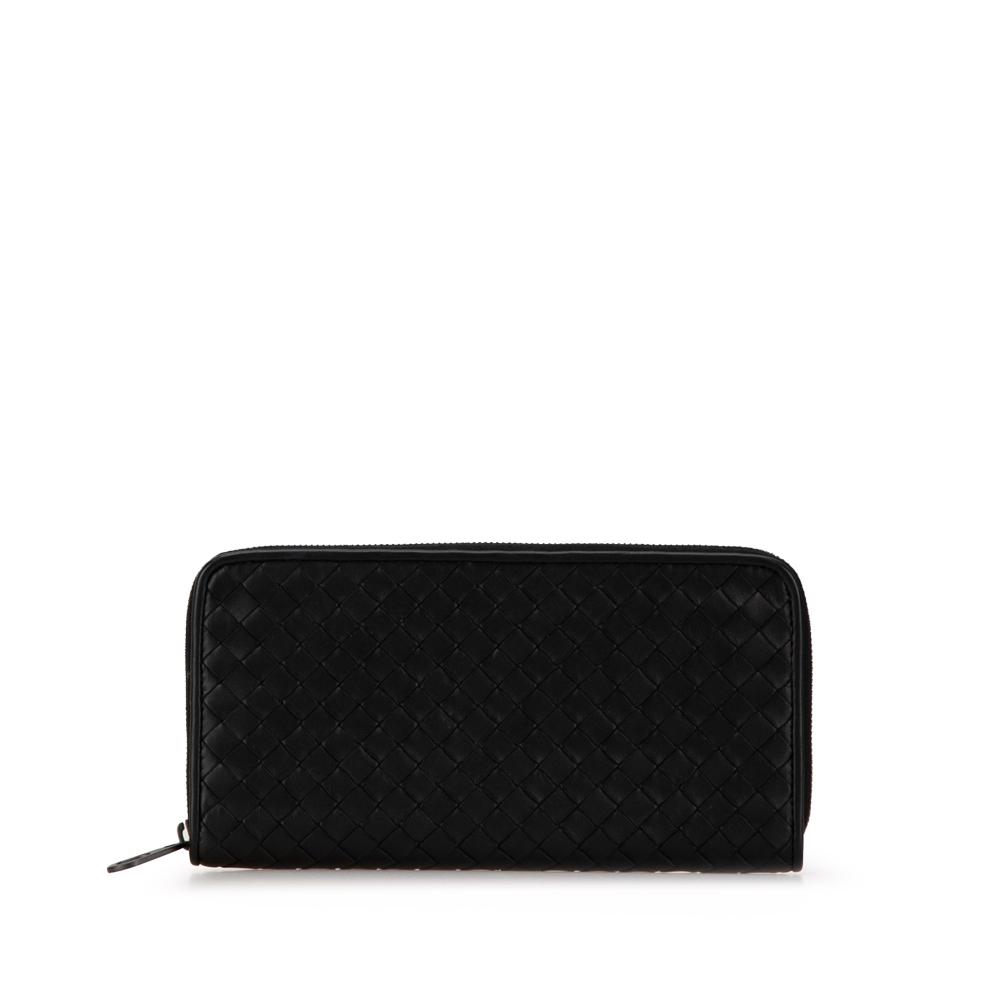 Bottega Veneta AB Bottega Veneta Black Calf Leather Intrecciato Zip Around Long Wallet Italy