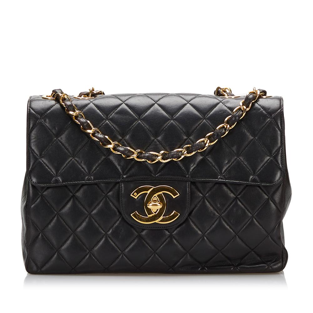 Chanel B Chanel Black Lambskin Leather Leather Jumbo XL Classic Lambskin Single Flap France