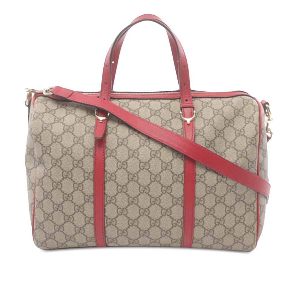 Gucci AB Gucci Brown Beige with Red Coated Canvas Fabric Medium GG Supreme Nice Boston Bag Italy