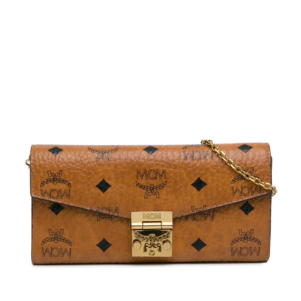 MCM B MCM Brown Coated Canvas Fabric Visetos Patricia Wallet on Chain Korea, South